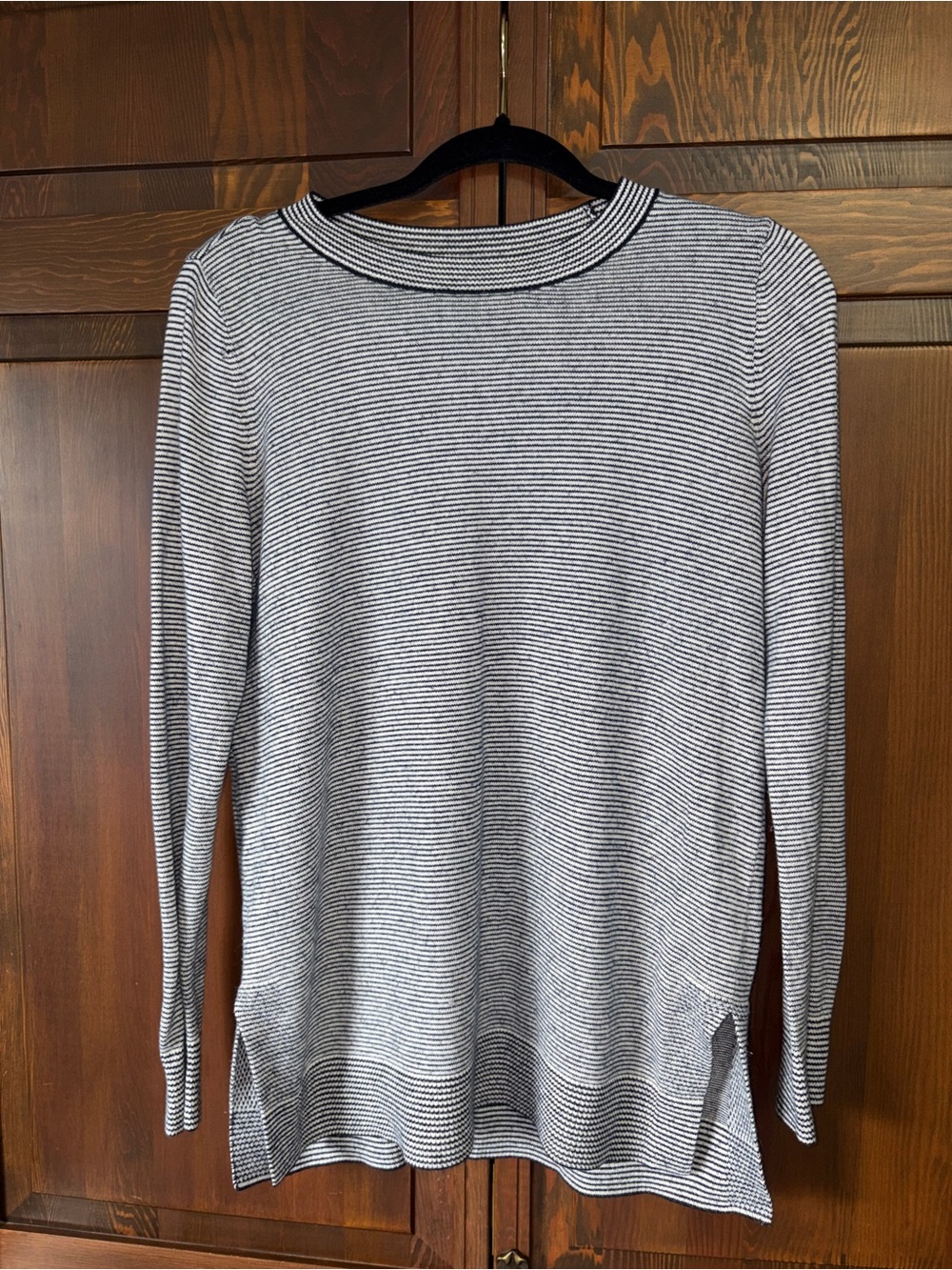 LOFT Striped Boatneck Tunic Sweater Black White Knit Side Slits Size S